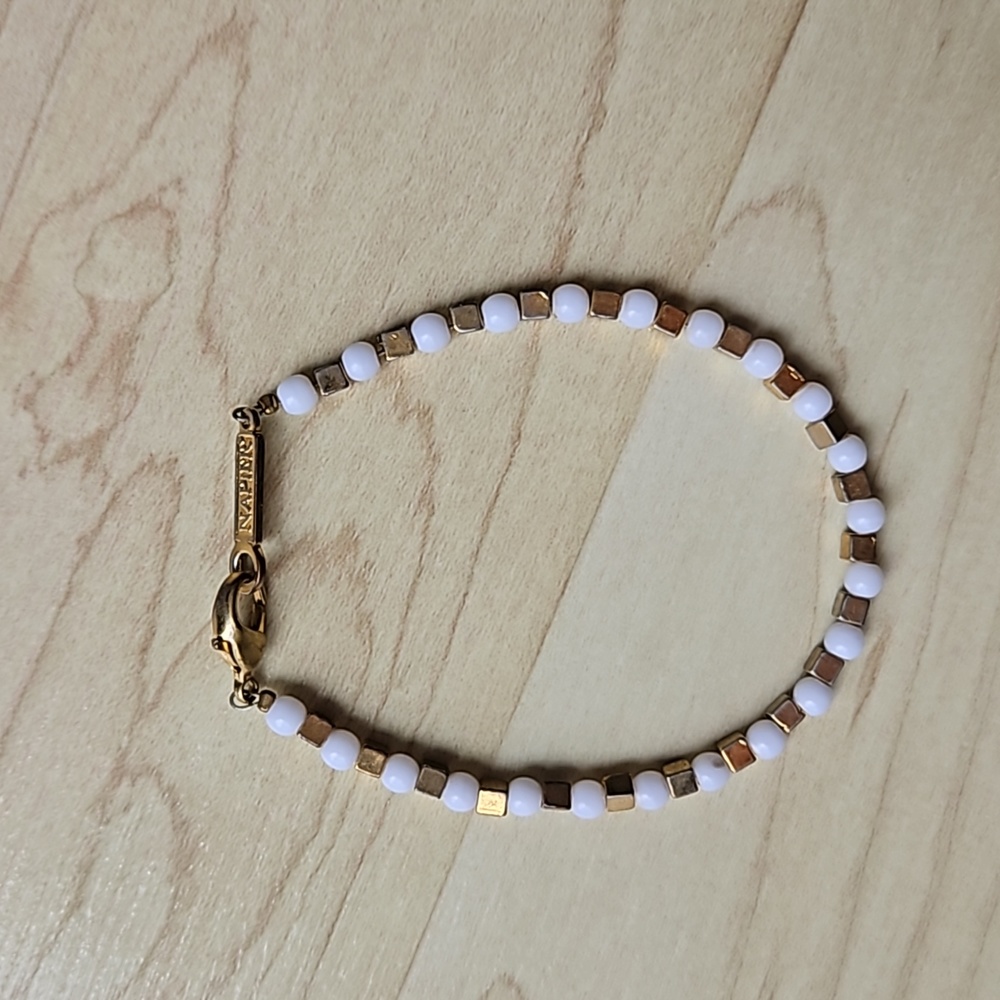 Napier Bracelet White Plastic Beads Gold Tone Signed Vintage